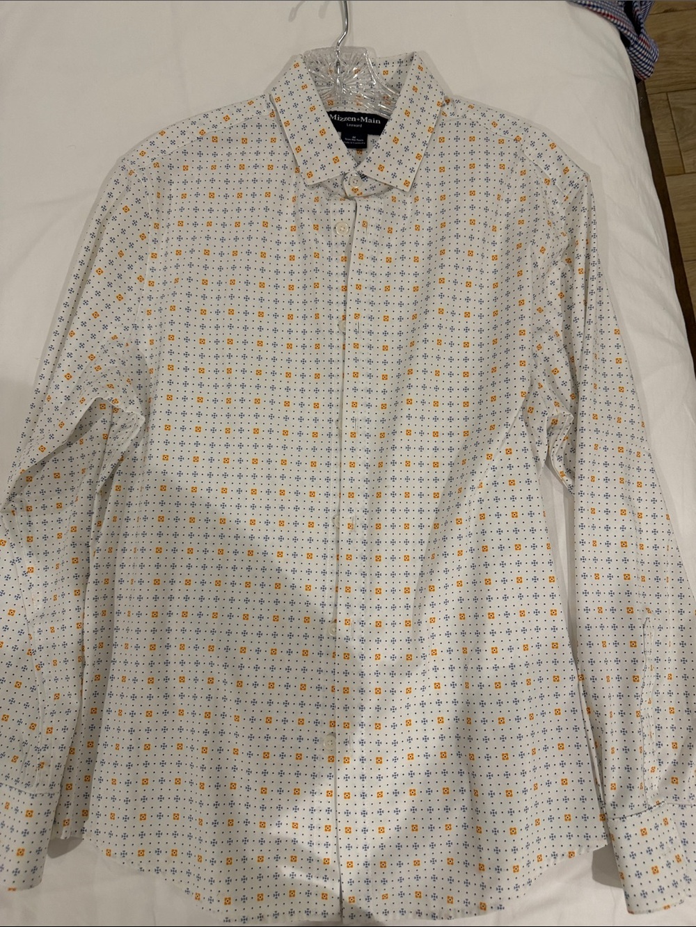 Mizzen+Main White Dress Shirt with Yellow & Blue Geo Print